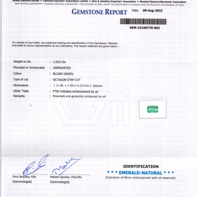 2.92 Ct Certified Untreated Natural Zambian Emerald Gemstone Panna