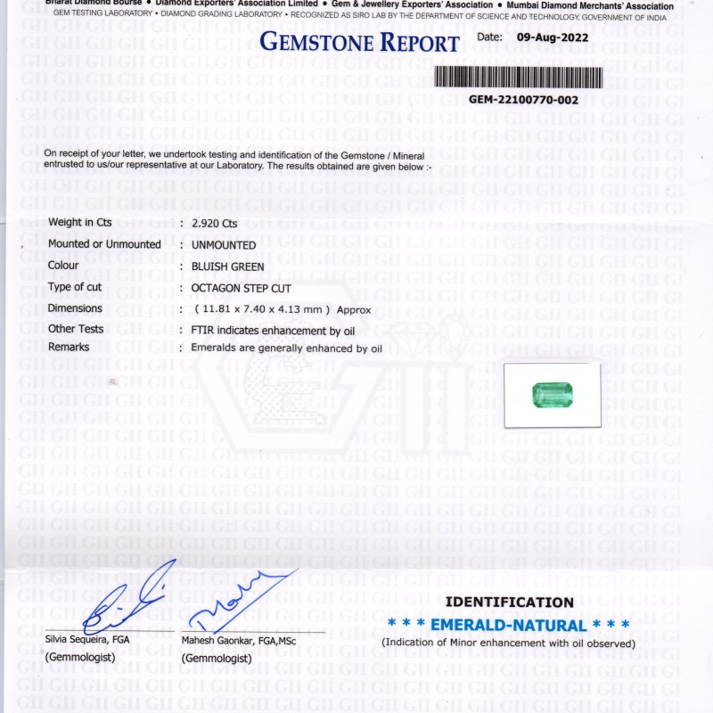 2.92 Ct Certified Untreated Natural Zambian Emerald Gemstone Panna