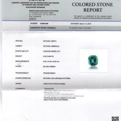 2.92 Ct Untreated Natural IGI Certified Zambian Emerald Gemstone AA 2.92 Ct Untreated Natural IGI Certified Zambian Emerald Gemstone AA