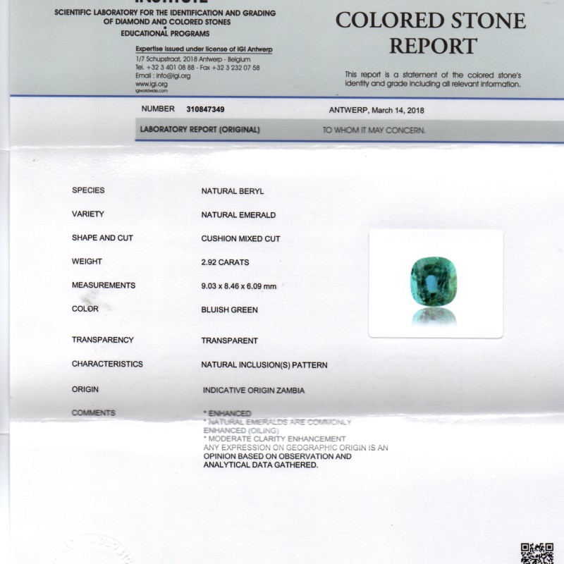2.92 Ct Untreated Natural IGI Certified Zambian Emerald Gemstone AA 2.92 Ct Untreated Natural IGI Certified Zambian Emerald Gemstone AA