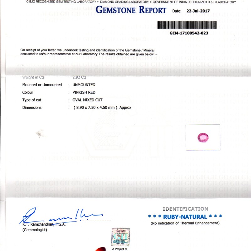 2.92 Ct GII Certified Unheated Untreated Natural Madagaskar Ruby AAAA