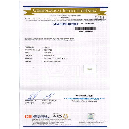 2.92 Ct GII Certified Unheated Untreated Natural Ceylon Yellow Sapphire