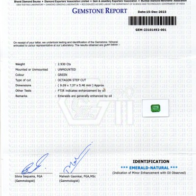 2.93 Ct GII Certified Untreated Natural Zambian Emerald Panna AAA