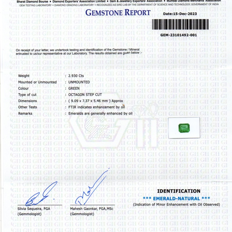 2.93 Ct GII Certified Untreated Natural Zambian Emerald Panna AAA