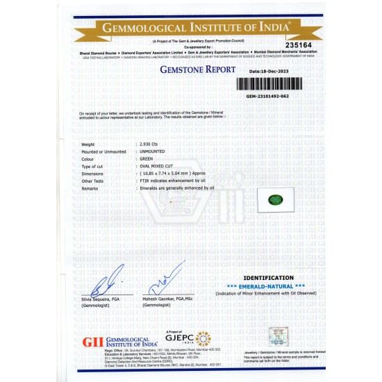 2.93 Ct GII Certified Untreated Natural Zambian Emerald Panna AAA