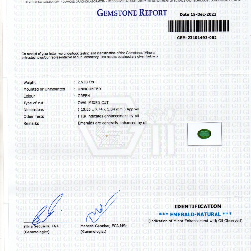 2.93 Ct GII Certified Untreated Natural Zambian Emerald Panna AAA