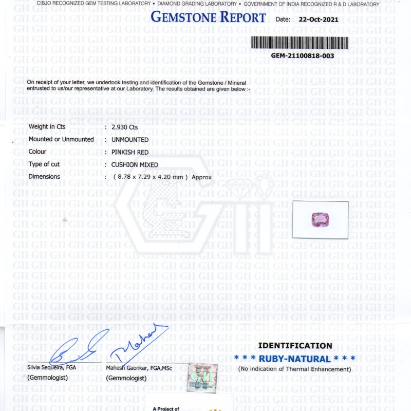 2.93 Ct GII Certified Unheated Untreted Natural Madagaskar Ruby Gems
