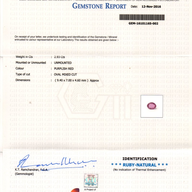 2.93 Ct GII Certified Unheated Untreted Natural Madagaskar Ruby AAA