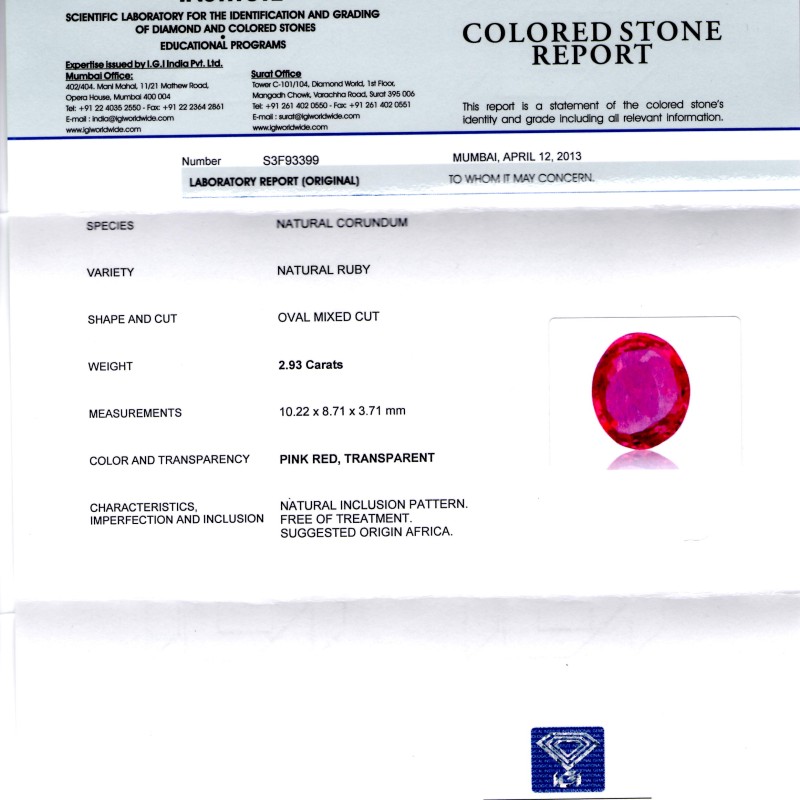 2.93 Ct IGI Certified Unheated Untreated Natural Madagaskar Ruby AA