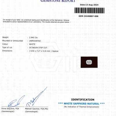2.94 Ct GII Certified Unheated Untreated Natural Ceylon White Sapphire AAA 2.94 Ct GII Certified Unheated Untreated Natural Ceylon White Sapphire AAA