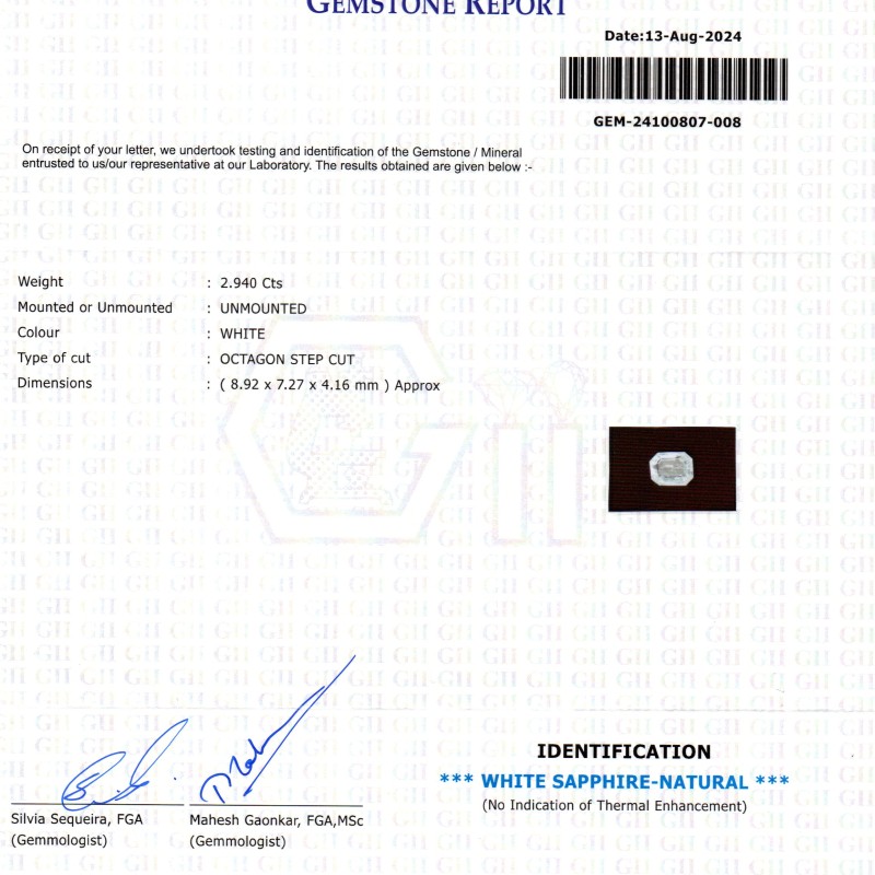 2.94 Ct GII Certified Unheated Untreated Natural Ceylon White Sapphire AAA 2.94 Ct GII Certified Unheated Untreated Natural Ceylon White Sapphire AAA