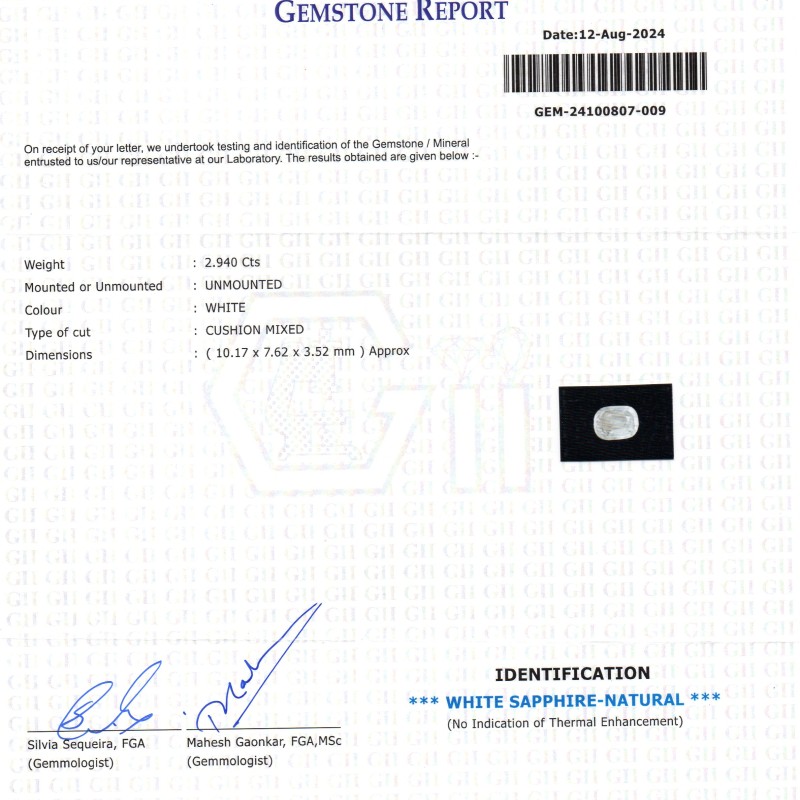 2.94 Ct GII Certified Unheated Untreated Natural Ceylon White Sapphire AAA 2.94 Ct GII Certified Unheated Untreated Natural Ceylon White Sapphire AAA