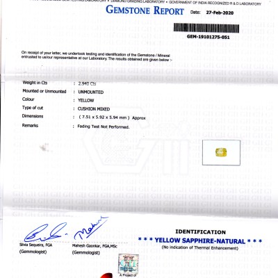 2.94 Ct GII Certified Unheated Untreated Natural Ceylon Yellow Sapphire 2.94 Ct GII Certified Unheated Untreated Natural Ceylon Yellow Sapphire