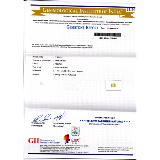 2.94 Ct GII Certified Unheated Untreated Natural Ceylon Yellow Sapphire