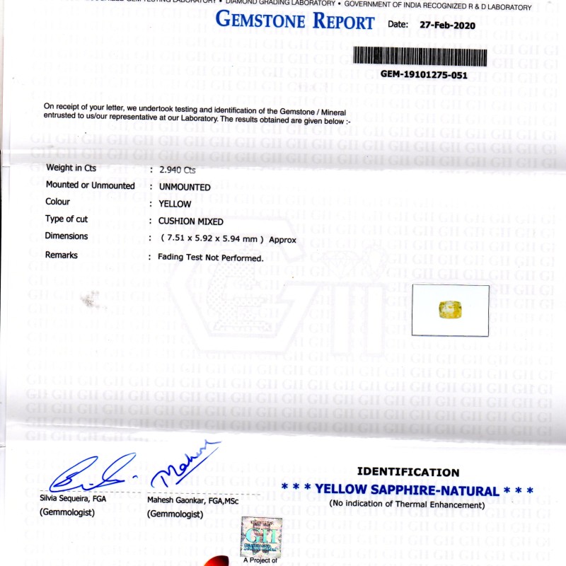 2.94 Ct GII Certified Unheated Untreated Natural Ceylon Yellow Sapphire 2.94 Ct GII Certified Unheated Untreated Natural Ceylon Yellow Sapphire
