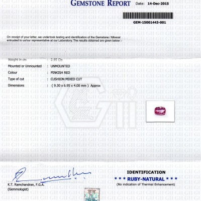 2.95 Ct Certified Unheated Untreated Natural Madagaskar Ruby 2.95 Ct Certified Unheated Untreated Natural Madagaskar Ruby