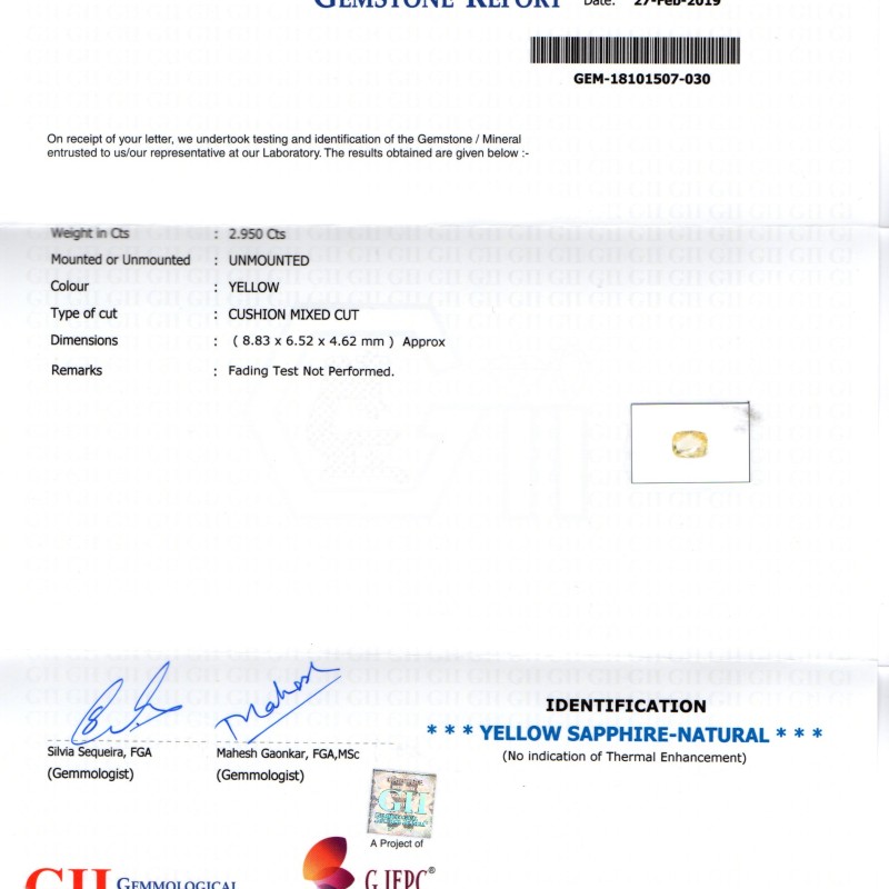 2.95 Ct GII Certified Unheated Untreated Natural Ceylon Yellow Sapphire 2.95 Ct GII Certified Unheated Untreated Natural Ceylon Yellow Sapphire