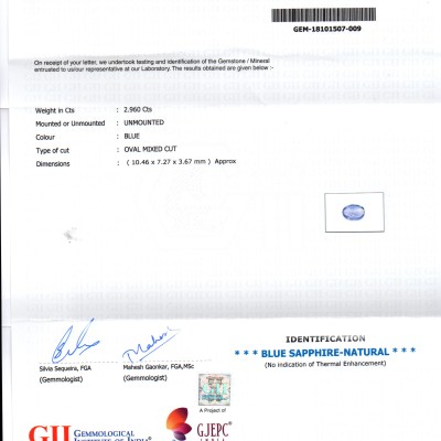 2.96 Ct GII Certified Unheated Untreated Natural Ceylon Blue Sapphire 2.96 Ct GII Certified Unheated Untreated Natural Ceylon Blue Sapphire