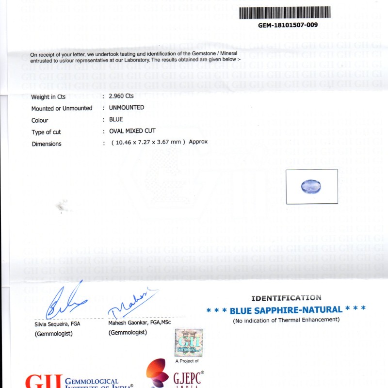2.96 Ct GII Certified Unheated Untreated Natural Ceylon Blue Sapphire 2.96 Ct GII Certified Unheated Untreated Natural Ceylon Blue Sapphire