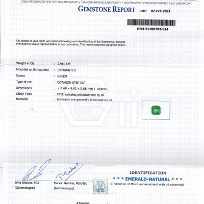 2.96 Ct GII Certified Untreated Natural Zambian Emerald Gemstones 2.96 Ct GII Certified Untreated Natural Zambian Emerald Gemstones