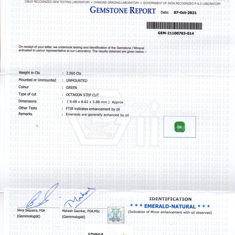 2.96 Ct GII Certified Untreated Natural Zambian Emerald Gemstones 2.96 Ct GII Certified Untreated Natural Zambian Emerald Gemstones