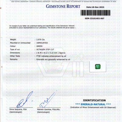 2.97 Ct GII Certified Untreated Natural Zambian Emerald Panna AAA