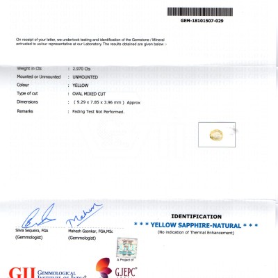 2.97 Ct GII Certified Unheated Untreated Natural Ceylon Yellow Sapphire 2.97 Ct GII Certified Unheated Untreated Natural Ceylon Yellow Sapphire