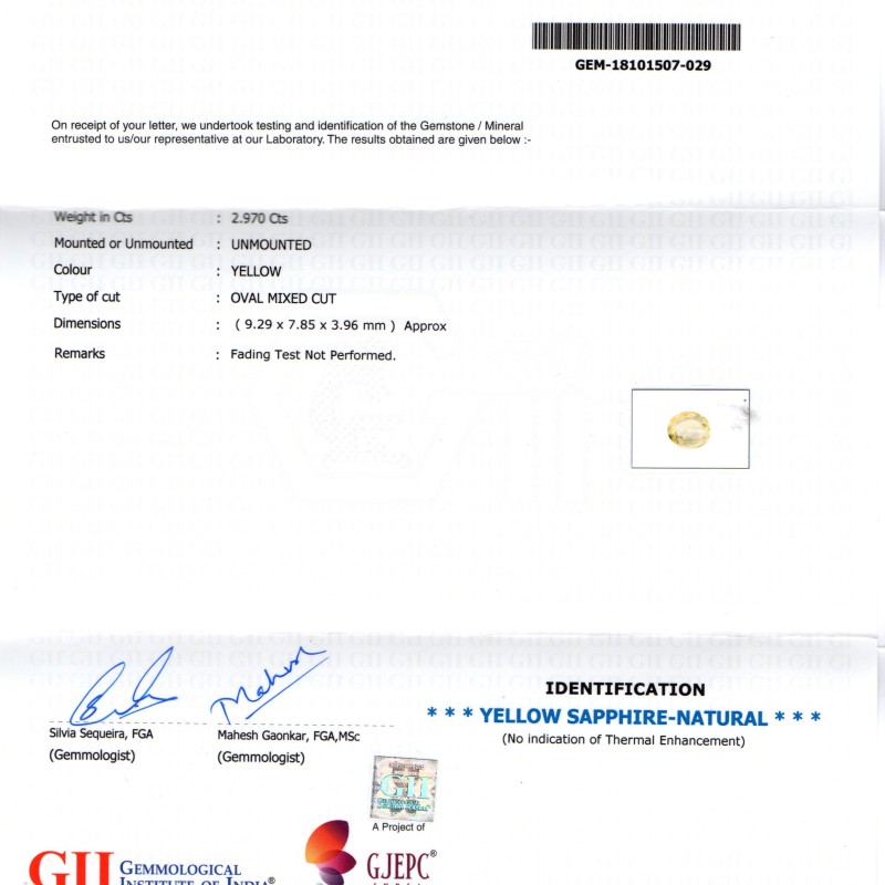 2.97 Ct GII Certified Unheated Untreated Natural Ceylon Yellow Sapphire 2.97 Ct GII Certified Unheated Untreated Natural Ceylon Yellow Sapphire