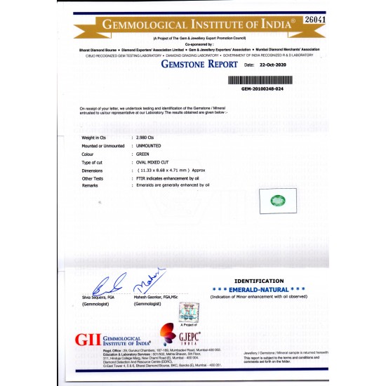 2.98 Ct GII Certified Untreated Natural Zambian Emerald Gems AAAAA