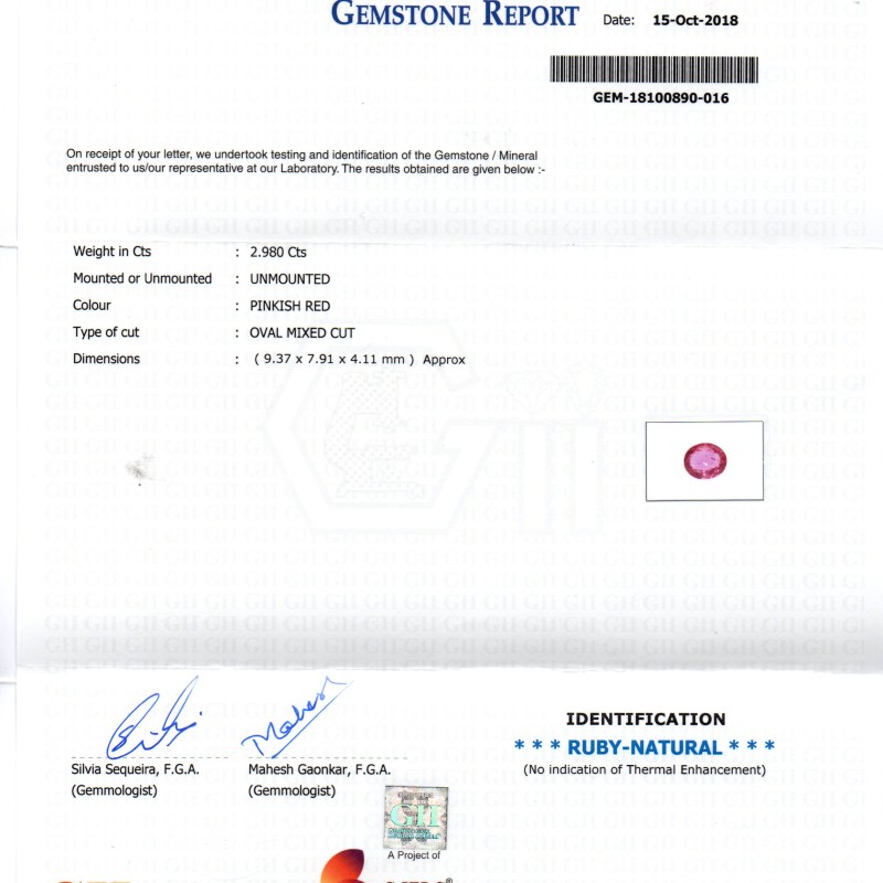 2.98 Ct GII Certified Unheated Untreated Natural Madagaskar Ruby AAA