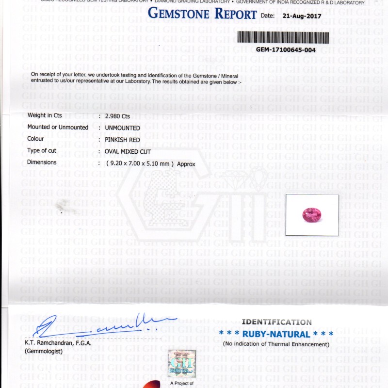 2.98 Ct GII Certified Unheated Untreated Natural Madagaskar Ruby AAAA 2.98 Ct GII Certified Unheated Untreated Natural Madagaskar Ruby AAAA