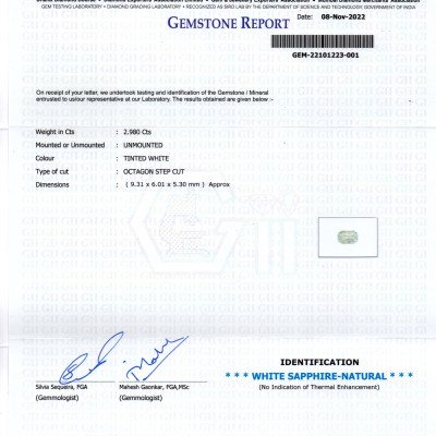 2.98 Ct GII Certified Unheated Untreated Natural Ceylon White Sapphire 2.98 Ct GII Certified Unheated Untreated Natural Ceylon White Sapphire