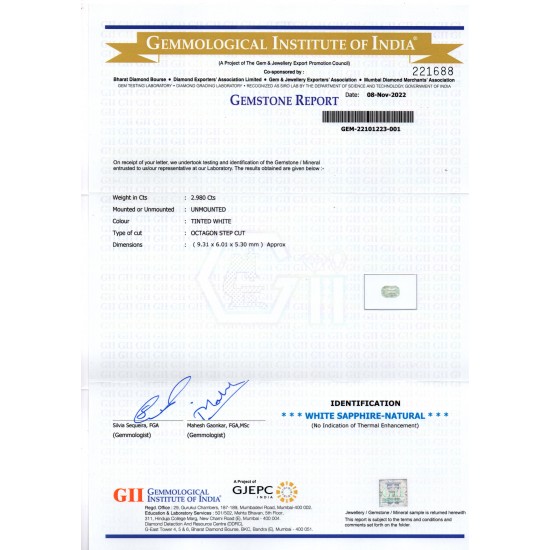 2.98 Ct GII Certified Unheated Untreated Natural Ceylon White Sapphire