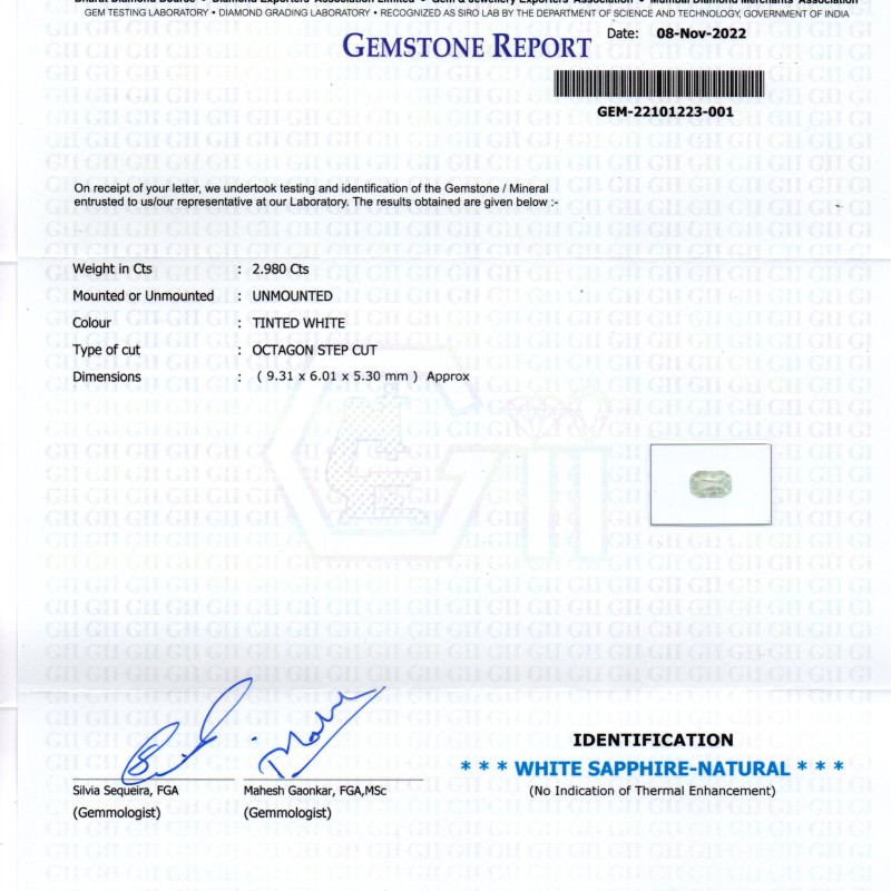 2.98 Ct GII Certified Unheated Untreated Natural Ceylon White Sapphire 2.98 Ct GII Certified Unheated Untreated Natural Ceylon White Sapphire