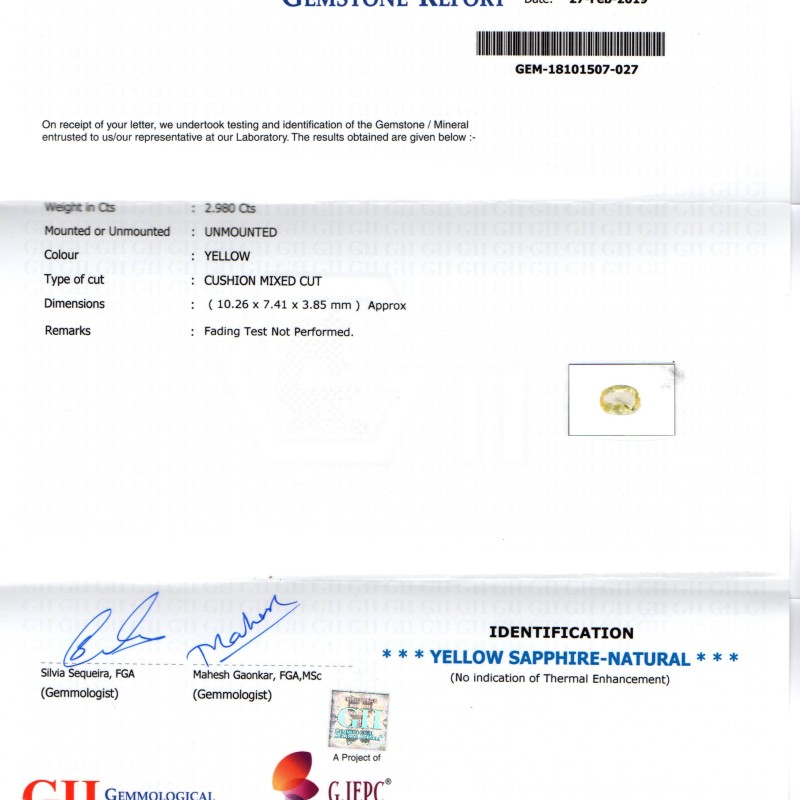 2.98 Ct GII Certified Unheated Untreated Natural Ceylon Yellow Sapphire