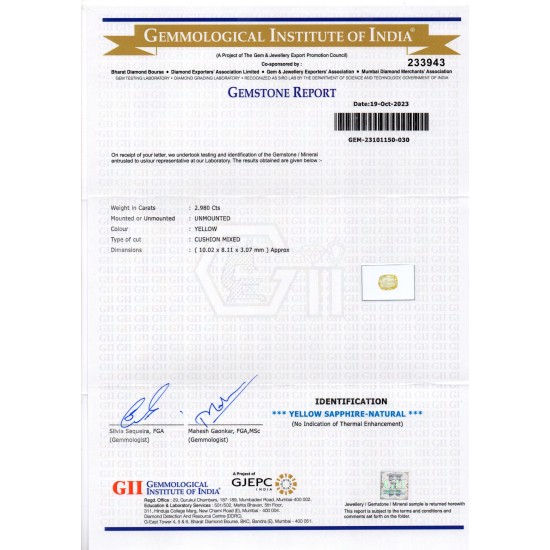 2.98 Ct Certified Unheated Untreated Natural Ceylon Yellow Sapphire