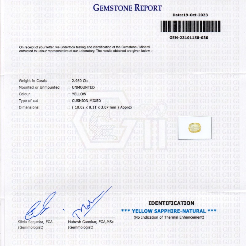 2.98 Ct Certified Unheated Untreated Natural Ceylon Yellow Sapphire 2.98 Ct Certified Unheated Untreated Natural Ceylon Yellow Sapphire