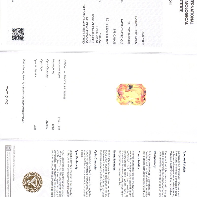 2.98 Ct IGI Certified Unheated Untreated Natural Ceylon Yellow Sapphire AAAAA 2.98 Ct IGI Certified Unheated Untreated Natural Ceylon Yellow Sapphire AAAAA