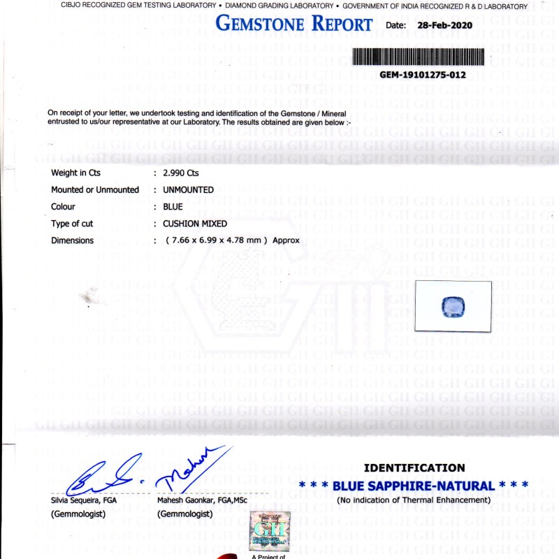 2.99 Ct GII Certified Unheated Untreated Natural Ceylon Blue Sapphire 2.99 Ct GII Certified Unheated Untreated Natural Ceylon Blue Sapphire