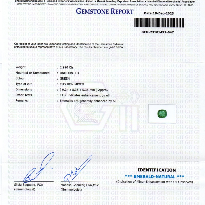 2.99 Ct GII Certified Untreated Natural Zambian Emerald Panna AAA