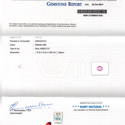 2.99 Ct GII Certified Unheated Untreated Natural Madagaskar Ruby AAA 2.99 Ct GII Certified Unheated Untreated Natural Madagaskar Ruby AAA