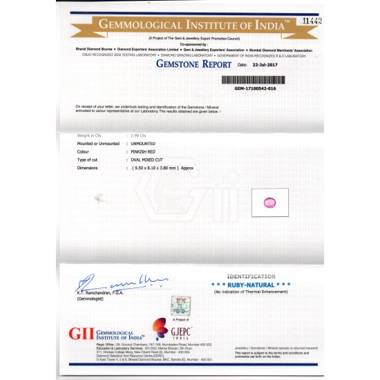2.99 Ct GII Certified Unheated Untreated Natural Madagaskar Ruby AAA