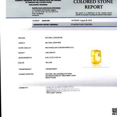 2.99 Ct IGI Certified Unheated Untreated Natural Ceylon Yellow Sapphire