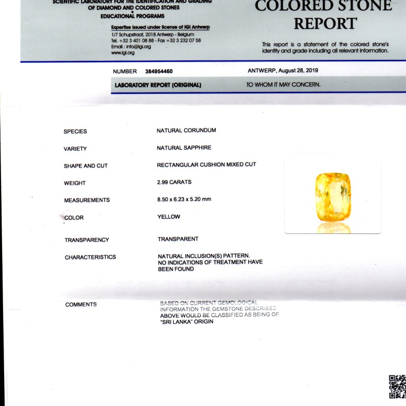 2.99 Ct IGI Certified Unheated Untreated Natural Ceylon Yellow Sapphire