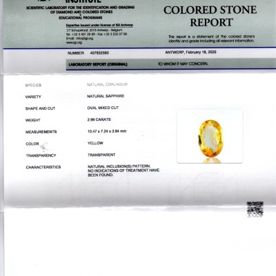 2.99 Ct IGI Certified Unheated Untreated Natural Ceylon Yellow Sapphire
