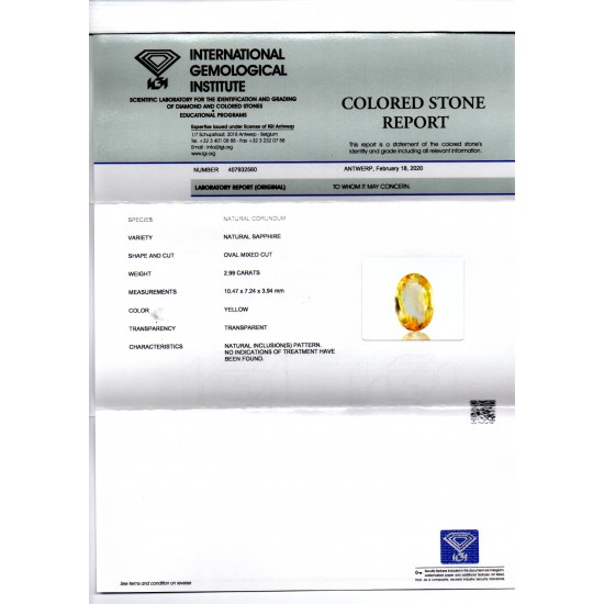 2.99 Ct IGI Certified Unheated Untreated Natural Ceylon Yellow Sapphire