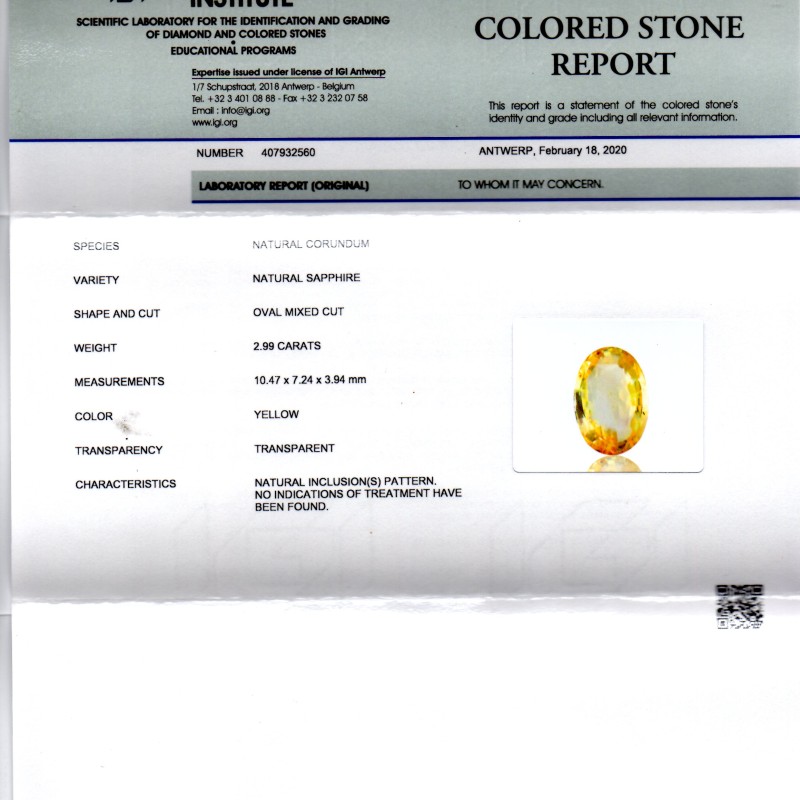 2.99 Ct IGI Certified Unheated Untreated Natural Ceylon Yellow Sapphire