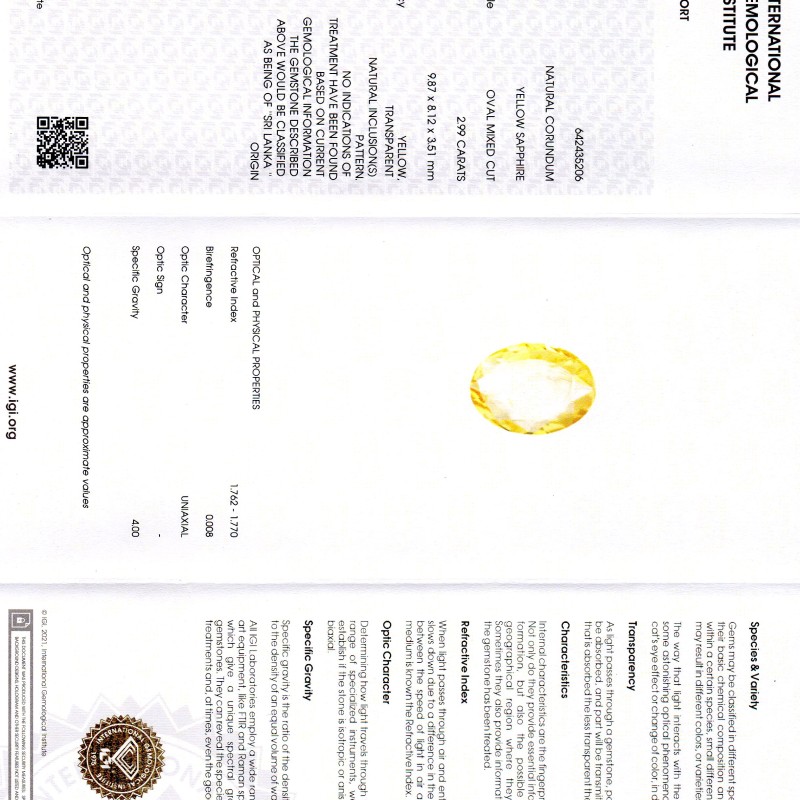 2.99 Ct IGI Certified Unheated Untreated Natural Ceylon Yellow Sapphire 2.99 Ct IGI Certified Unheated Untreated Natural Ceylon Yellow Sapphire