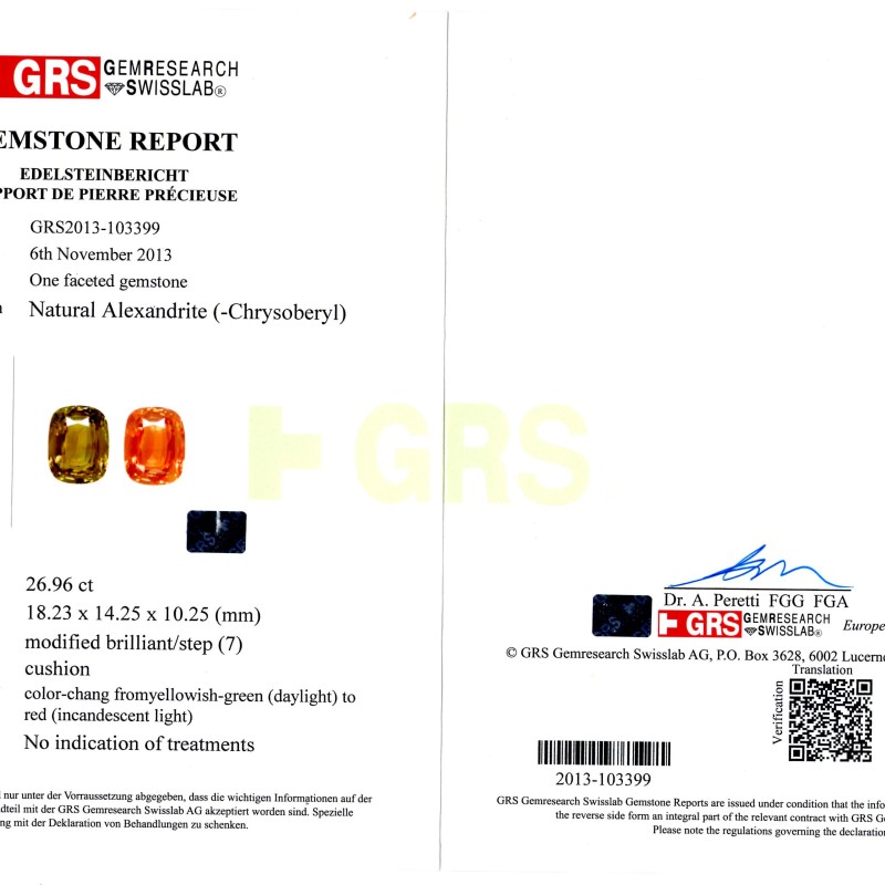 Huge 26.96 Ct Untreated Natural GRS Certified 80% Colour Changing Alexandrite Huge 26.96 Ct Untreated Natural GRS Certified 80% Colour Changing Alexandrite