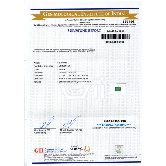 3.00 Ct GII Certified Untreated Natural Zambian Emerald Panna AAA